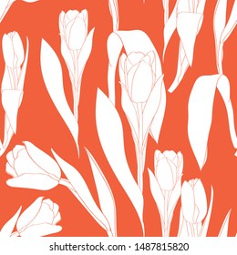Nature seamless pattern. Hand drawn tulips background: orange flowers, line art. 