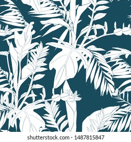 Nature seamless pattern. Hand drawn tropical summer background: dark blue palm tree leaves, line art. 