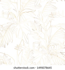 Nature seamless pattern. Hand drawn tropical summer background: golden palm tree leaves, line art. 