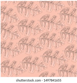 Nature seamless pattern. Hand drawn abstract tropical summer background: fan palm tree leaves in silhouette, line art with glossy gradient effect Vector art illustration in pastel gold rose pink color