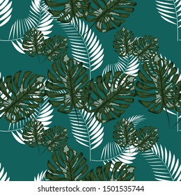 Nature seamless pattern. Hand drawn abstract tropical summer background: palm, monstera leaves in silhouette, line art, grunge, scribble textures.