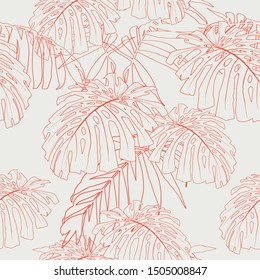 Nature seamless pattern. Hand drawn tropical summer background: orange palm tree leaves, line art. Beige color background.