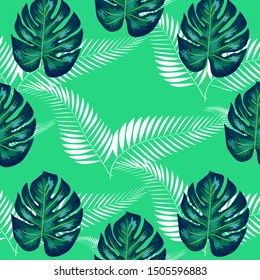 Nature seamless pattern. Hand drawn abstract tropical summer background: palm, monstera leaves in silhouette, line art, grunge, scribble textures.