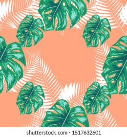 Nature seamless pattern. Hand drawn abstract tropical summer background: palm, monstera leaves in silhouette, line art, grunge, scribble textures.