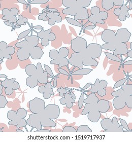 Nature seamless pattern. Hand drawn tropical summer background: exotic grey leaves and pink pale pink flowers. white  background.