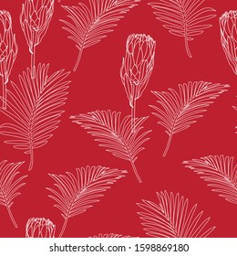 Nature seamless pattern. Hand drawn tropical summer background: white palm tree leaves, line art. Red background.