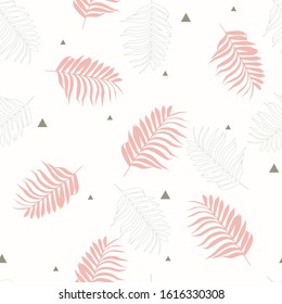 Nature seamless pattern. Hand drawn tropical summer background: palm tree leaves pink background.