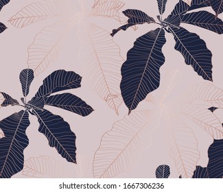 Nature seamless pattern. Hand drawn abstract tropical summer background: palm tree leaves in silhouette, line art. Pink blue and golden retro colors.