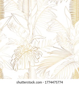 Nature Seamless Pattern. Hand Drawn Abstract Tropical Summer Background: Fan Palm Tree Leaves In Silhouette,  Golden Line Illustration.