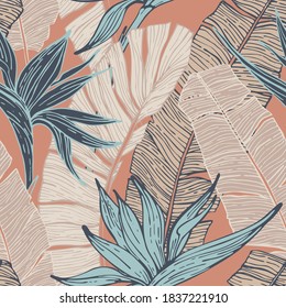 Nature seamless pattern. Hand drawn abstract tropical summer background : palm tree and banana leaves, bird-in-paradise flower in silhouette, line art. Vector art illustration in pastel retro colors