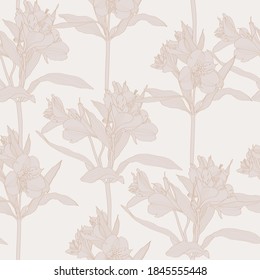 Nature seamless pattern. Hand drawn alstroemeria lily summer background: rose gold, line art. Pink golden retro colors.