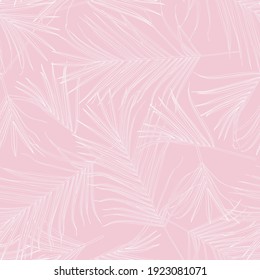 Nature seamless pattern. Hand drawn tropical summer background: white palm tree leaves, line art on pink background.	