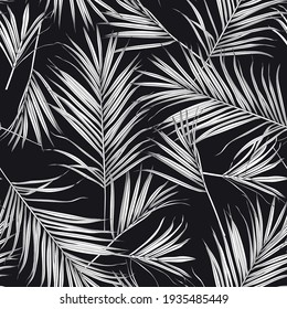 Nature Seamless Pattern. Hand Drawn Tropical Summer Background: Black White Palm Tree Leaves, Line Art Background.	