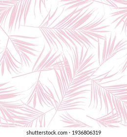 Nature Seamless Pattern. Hand Drawn Tropical Summer Background: Pink White Palm Tree Leaves, Line Art Background.	