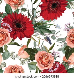 Nature seamless pattern. Hand drawn summer background: herbs and creamy orange roses, red gerbera flowers. White background.	