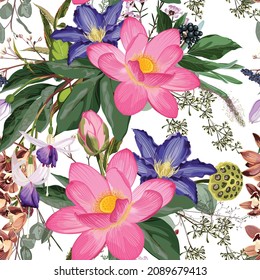 Das nahtlose Muster der Natur. handgezeichnet, Sommerhintergrund: rosafarbene Lotusblume, Kräuter und violette Clematis, Orchideenblumen. Weißer Hintergrund.	