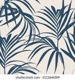 Nature seamless pattern. Hand drawn tropical summer background: blue abstract palm tree leaves on creamy background. 