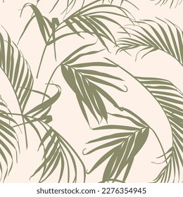 Nature seamless pattern. Hand drawn tropical summer background: green abstract palm tree leaves on creamy background. 