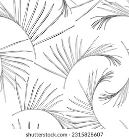 Nature seamless pattern. Hand drawn tropical summer background: line palm tree leaves  background. 