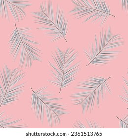 Nature seamless pattern. Hand drawn tropical summer background: palm tree leaves, line art. Pink color background.	