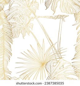 Nature seamless pattern. Hand drawn abstract tropical summer background: fan palm tree, monstera leaves, golden line illustration.