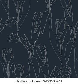 Nature seamless pattern. Hand drawn tulips background: olive green flowers, line art. 