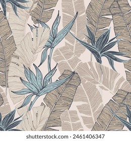 Nature seamless pattern. Hand drawn abstract tropical summer background : palm tree and banana leaves, bird-in-paradise flower in silhouette, line art. Vector art illustration in pastel retro colors