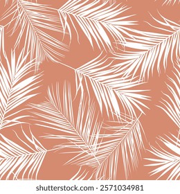 Nature seamless pattern. Hand drawn tropical summer background: beige brown white palm tree leaves, line art background.