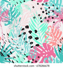 Nature seamless pattern. Hand drawn abstract tropical summer background: palm trees, monstera, fan palm leaves, squiggles, dots in circle. Vector art illustration in bright colors