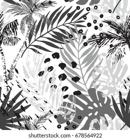 Nature seamless pattern. Hand drawn abstract tropical summer background: palm trees, monstera, fan palm leaves, squiggles, dots. Vector art illustration in monochrome colors