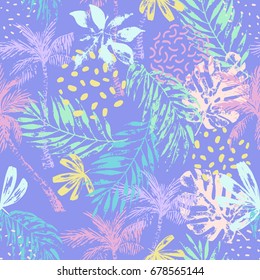 Nature seamless pattern. Hand drawn abstract tropical summer background: palm trees, monstera, fan palm leaves, squiggles, dots in circle. Vector illustration