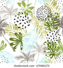 Nature seamless pattern. Hand drawn abstract tropical summer background: palm trees, monstera, fan palm leaves, squiggles, dots in circle. Vector illustration