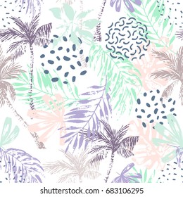 Nature seamless pattern. Hand drawn abstract tropical summer background: palm trees, monstera, fan palm leaves, squiggles, dots in circle. Vector illustration