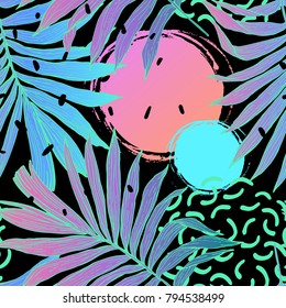 Nature seamless pattern. Hand drawn abstract tropical summer background: palm tree leaves, squiggles, dots in circle. Vector illustration in bright colors. Palm leaf in grunge retro style. Line art