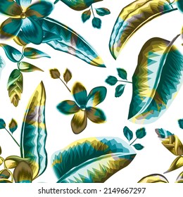 nature seamless pattern with heliconia flowers plants and foliage on white background. colorful Hand drawn summer floral backround. Simple nature illustration. Jungle leaves. Botanical pattern.