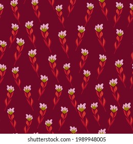 Nature seamless pattern with little decorative flowers elements. Pink, red, maroon shapes. Hand drawn srtyle. Designed for fabric design, textile print, wrapping, cover. Vector illustration.