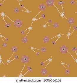 Naturaleza sin fisuras con formas de flores anémonas praderas rosas al azar. Fondo naranja. Ilustración bursátil. Diseño vectorial para textiles, tela, giftwrap, papel pintado.
