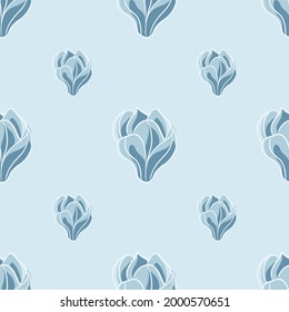 Nature seamless pattern with minimalistic magnolia flowers print. Blue tones. Floral bloom backdrop. Flat vector print for textile, fabric, giftwrap, wallpapers. Endless illustration.