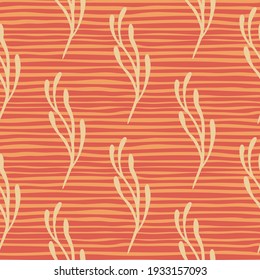 Naturaleza sin fisuras en estilo minimalista con ramas. Fondo de rayas naranjas. Un adorno sencillo. Fondo decorativo para el diseño de tejidos, impresión textil, envoltura, cubierta. Ilustración vectorial.