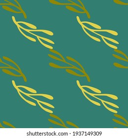 Nature seamless pattern in minimalistic style with yellow and green colored branches shapes. Turquoise background. Great for fabric design, textile print, wrapping, cover. Vector illustration.