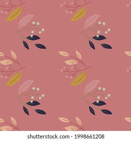 Nature seamless pattern in minimalistic style with doodle berry branch elements. Pink pale background. Great for fabric design, textile print, wrapping, cover. Vector illustration.