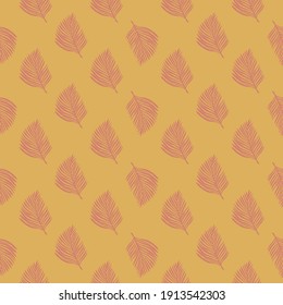 Patrón natural sin fisuras con hojas de doodle rosa pálido adornadas con siluetas adornadas. Fondo pastel de ocre. Ilustración vectorial para impresiones textiles estacionales, tela, carteles, telas de fondo y papel pintado.