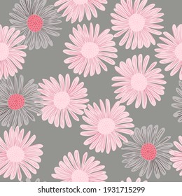 Nature seamless pattern in pale pink and grey tones with daisy flowers bud elements. Random floral print. Flat vector print for textile, fabric, giftwrap, wallpapers. Endless illustration.