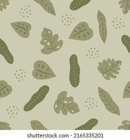 Nature seamless pattern with palm trees. Hand drawn doodle plants. Pastel green color background. Vector illustration.