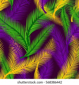 Nature seamless pattern of palms. Color of Mardi Gras.