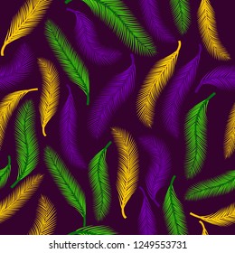 Nature seamless pattern of palms or feather. Color of Mardi Gras.