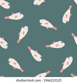 Nature seamless pattern with pastel pink fish silhouettes ornament. Turquoise pastel background. Random print. Designed for fabric design, textile print, wrapping, cover. Vector illustration.