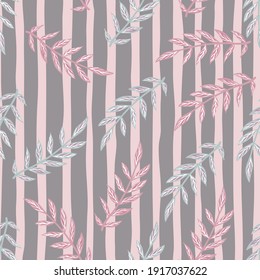 Naturaleza sin fisuras con formas de ramas rosa y azul. Fondo pastel a rayas. Diseñado para el diseño de tejidos, impresión textil, envoltura, cubierta. Ilustración del vector