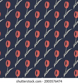 Nature seamless pattern with pink tulip flowers shapes print. Navy blue dark background. Graphic design for wrapping paper and fabric textures. Vector Illustration.