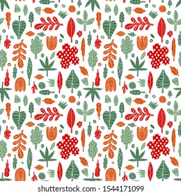 Nature seamless pattern  plant abstract naive style.Botanical hand drawing.Vector illustration.